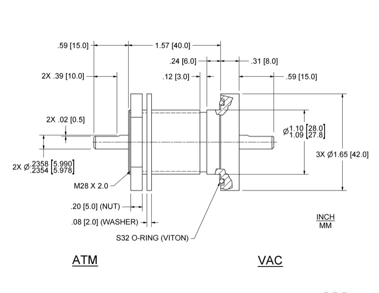 Feedthrough Model SNL-006-NN (part number 133029) dimensional specifications drawing