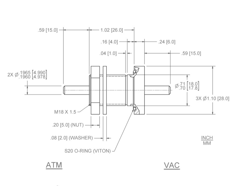 Feedthrough Model SNL-005-NN (part number 133598) dimensional specifications drawing