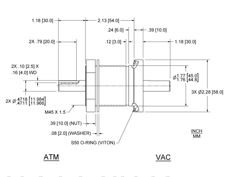 Feedthrough Model SNL-012-NN (part number 133599) dimensional specifications drawing