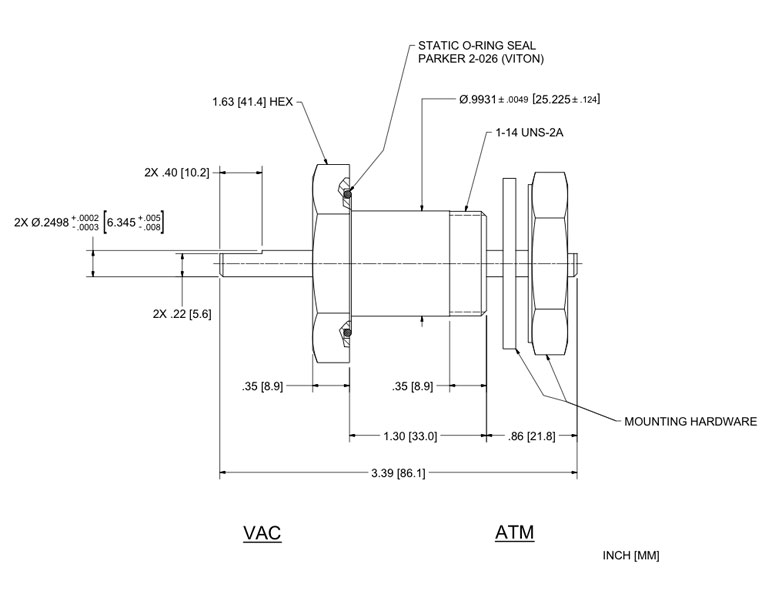 Feedthrough Model USS-250-SLBE (part number 150360) dimensional specifications drawing